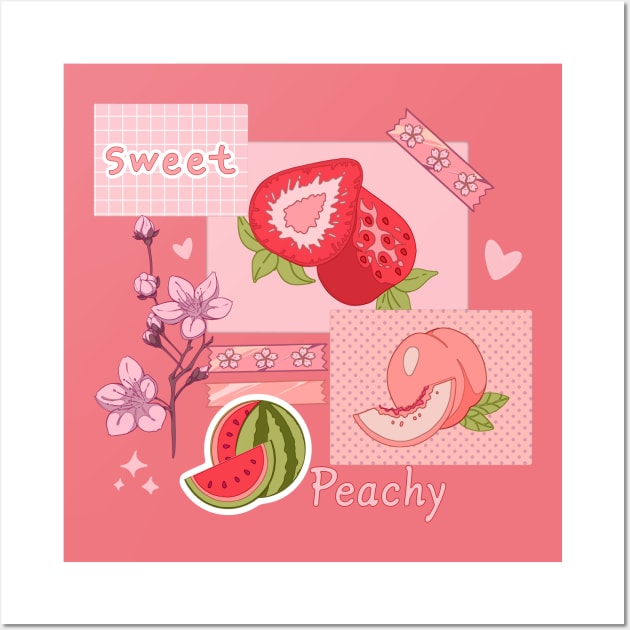 The peachy pink design with  various berries, fruits, and other cute stickers Wall Art by AnGo